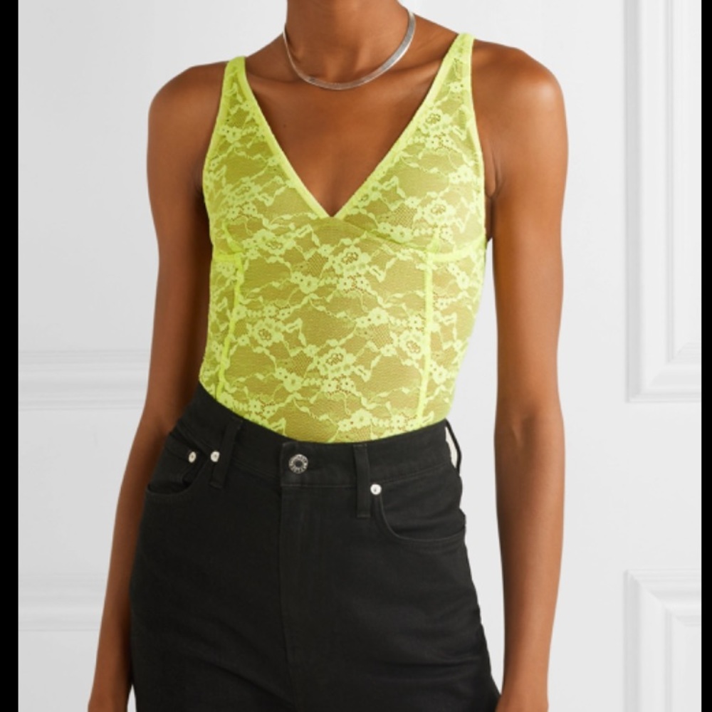 Alix NYC Neón Yellow Lace Thong Bodysuit XS